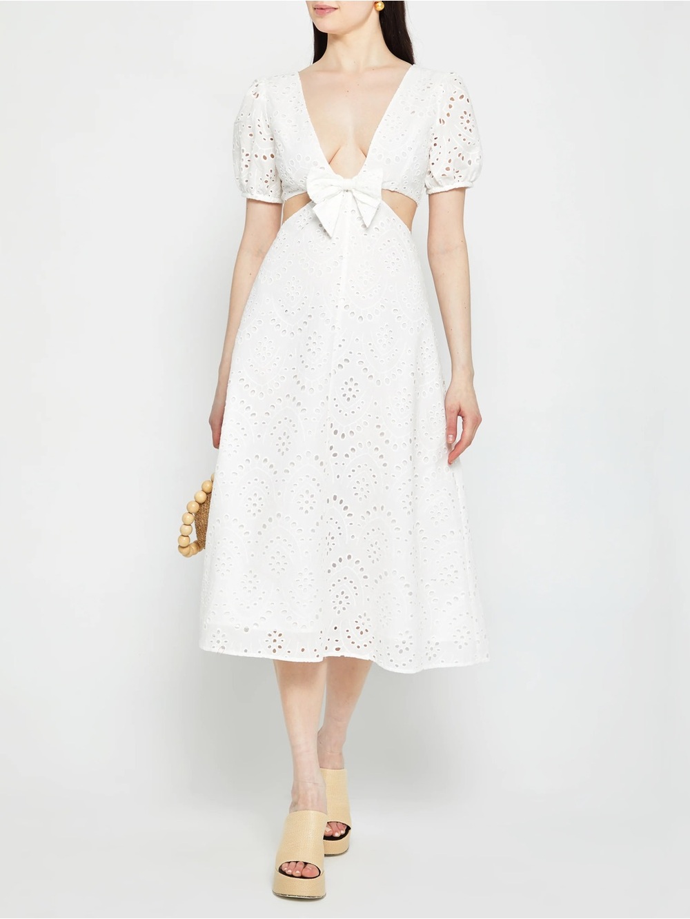 White Eyelet Midi Dress with Bow Detail